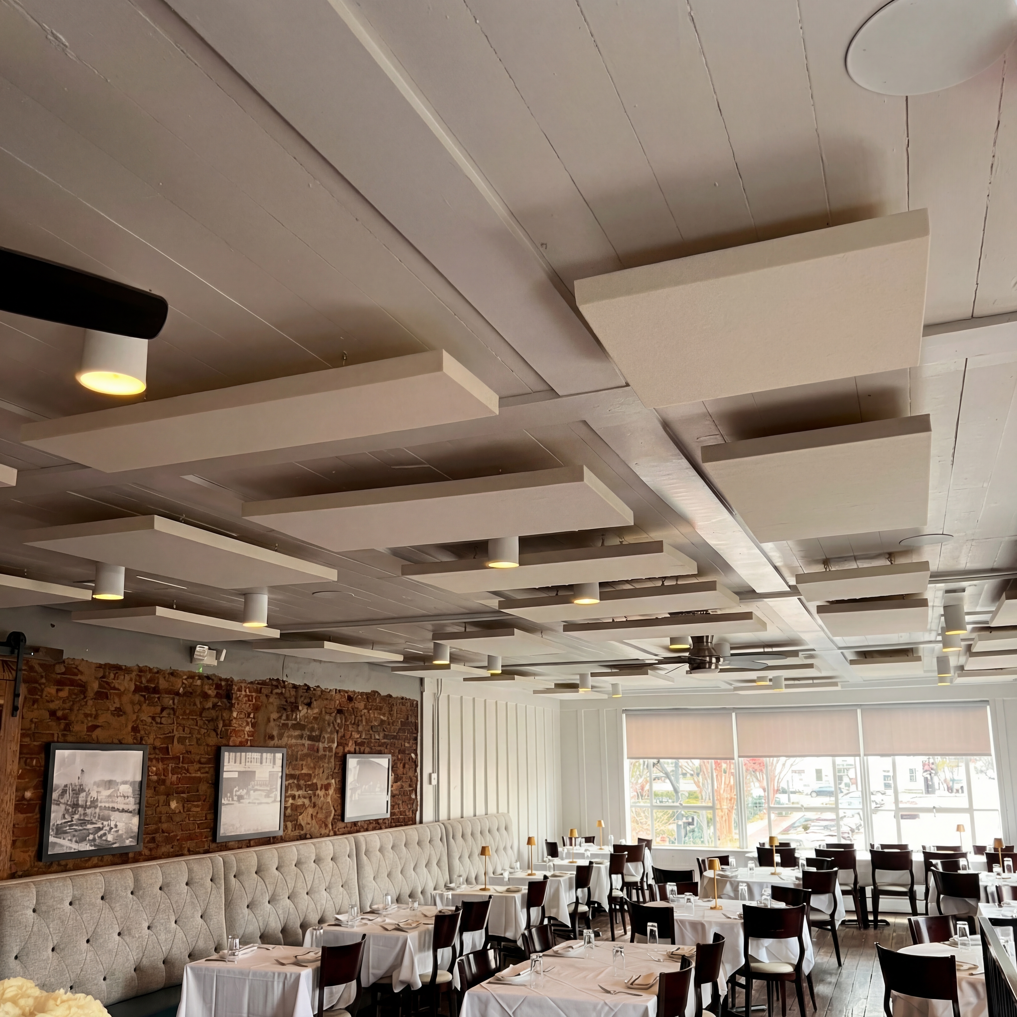 Acoustic panels seamlessly integrated into Mac's Chophouse restaurant ceiling