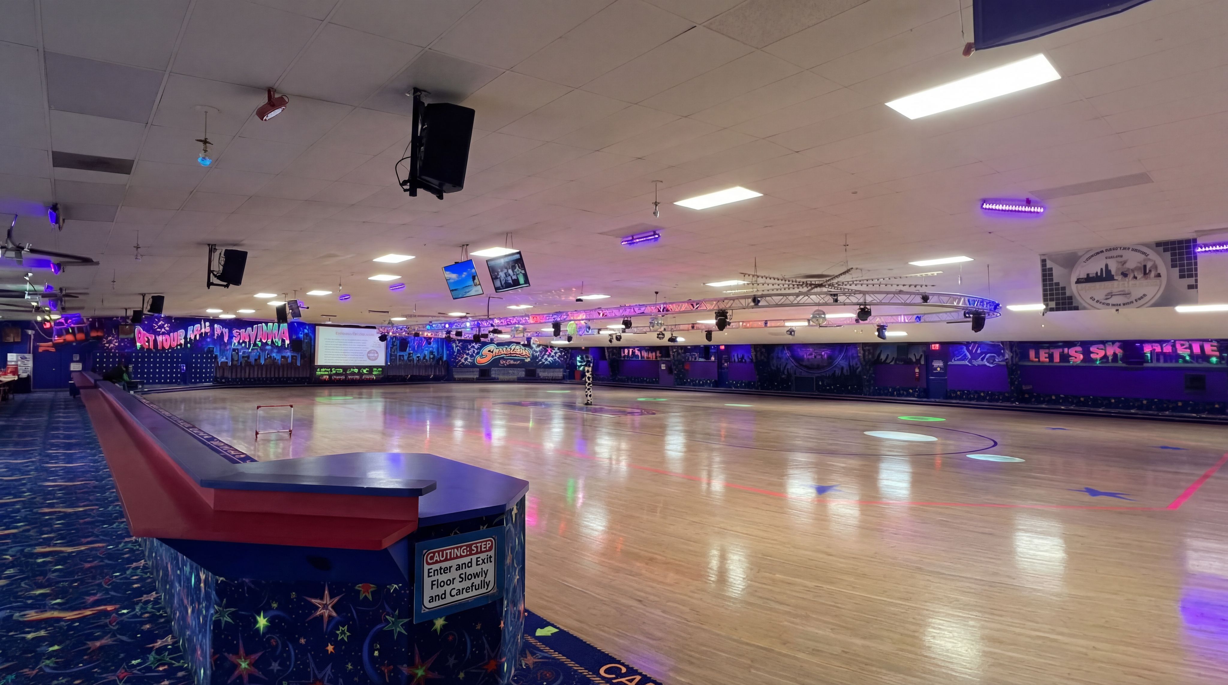 Roller rink with custom installed audio and lighting rig